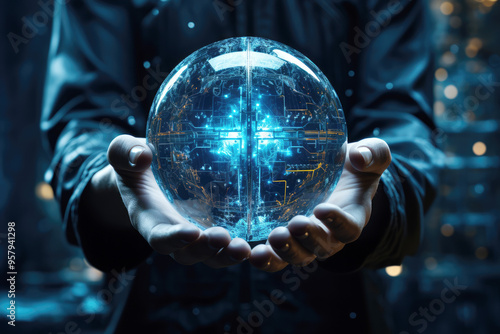 generated illustration of illunination crystal ball in hands. photo