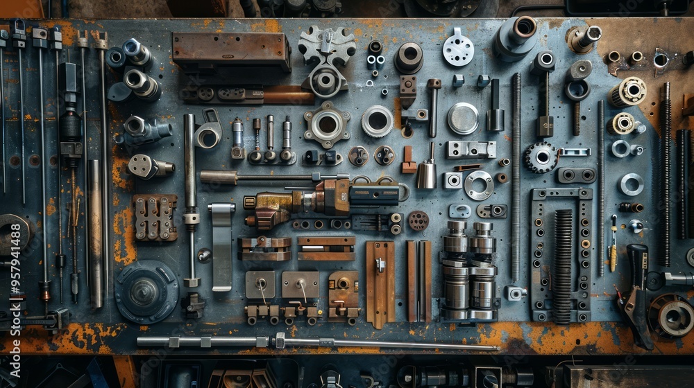 A table full of various tools and parts, with a sense of disarray and chaos A table full of various tools and parts, with a sense of disarray and chaos
