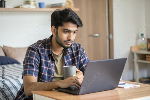 An Indian student in a college dorm room, working on assignments or relaxing. 