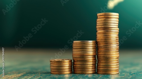 Financial Success: Stack of Coins Soaring into the Sky - 3D Illustration with Copy Space, Selective Focus in Foreground, Ultra HD Quality