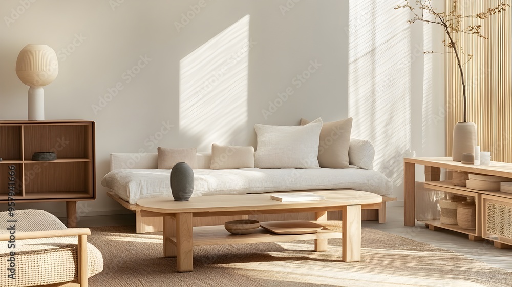 Minimalist Muji-Inspired Living Room with Blank Space for Text or Graphics Minimalist Muji-Inspired Living Room with Blank Space for Text or Graphics