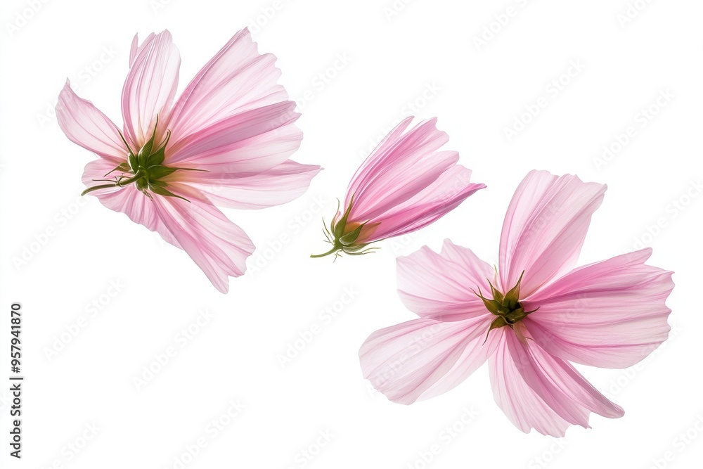 A delicate pink cosmos flower with a few petals detached and floating away A delicate pink cosmos flower with a few petals detached and floating away