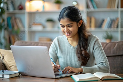 An Indian female student using a laptop for studying, with books and notes around her.
Free Download An Indian female student using a laptop for studying, with books and notes around her.
- GFXLoad
