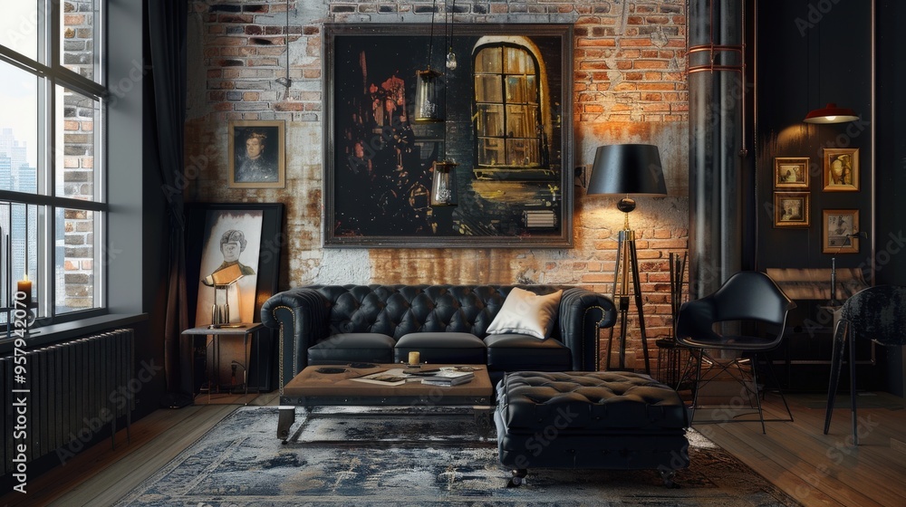 Fototapeta premium Industrial Glamour: Black Commode and Chair with Metallic Accents in Stylish Living Room