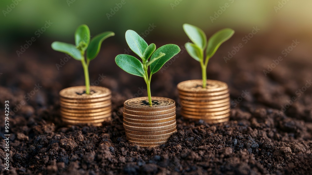 Growing Wealth Concept with Plant Sprouting Coins , Copy Space for Text. Selective Focus on Foreground, Image. Growing Wealth Concept with Plant Sprouting Coins , Copy Space for Text. Selective Focus on Foreground, Image.