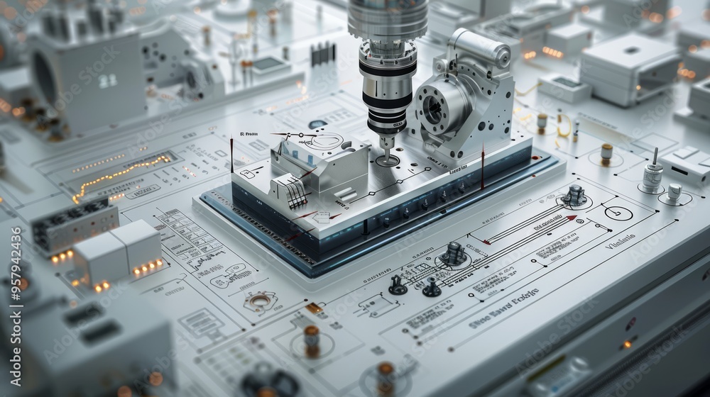 A complex diagram illustrating the CNC machining process, with ...
