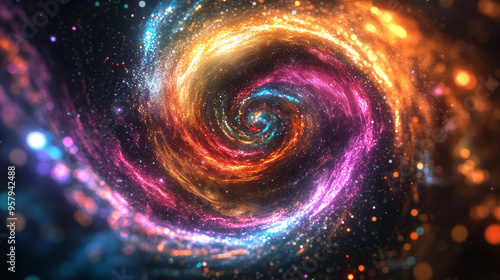 In this abstract image, a dark starry sky serves as the backdrop for a glowing, multicolored cosmic vortex. The swirling vortex radiates vibrant hues, creating a dynamic contrast with the deep, celest photo