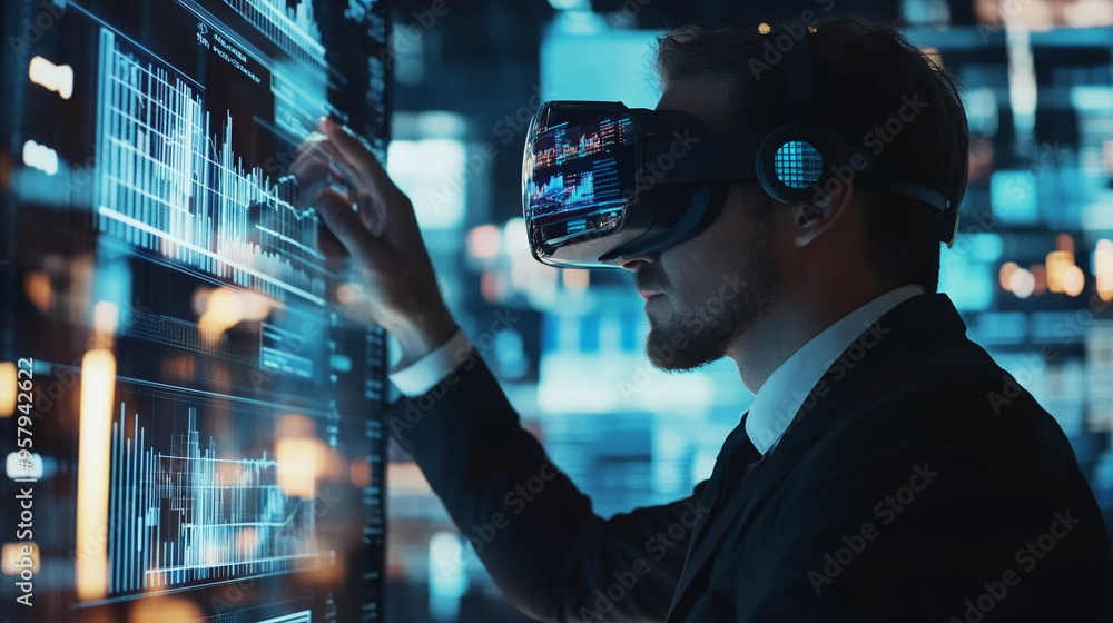 Data analysis, virtual reality glasses Holographic financial graphs while wearing VR glasses. Data analysis, virtual reality glasses Holographic financial graphs while wearing VR glasses.