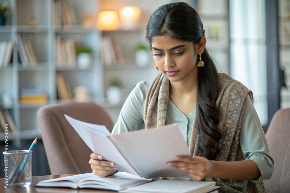 An Indian female student preparing for exams with papers and notes spread out.
An Indian female student preparing for exams with papers and notes spread out.