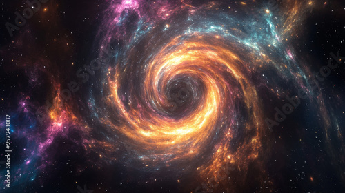 In this abstract image, a dark starry sky serves as the backdrop for a glowing, multicolored cosmic vortex. The swirling vortex radiates vibrant hues, creating a dynamic contrast with the deep, celest photo