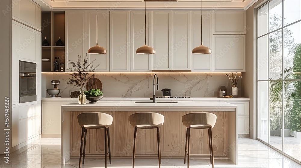A modern kitchen with an island, barstools, and a chandelier in a light oak color with three hanging lights above the table. Soft beige walls. Minimalist interior design. Generative AI. A modern kitchen with an island, barstools, and a chandelier in a light oak color with three hanging lights above the table. Soft beige walls. Minimalist interior design. Generative AI.