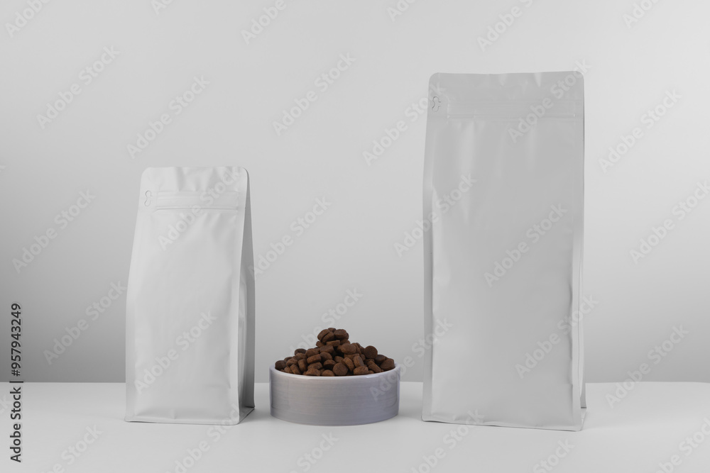 Foil plastic bag packaging with zipper and pile of seed for pet food or roasted coffee beans or tea, template isolated on a white background. Package mock-up Foil plastic bag packaging with zipper and pile of seed for pet food or roasted coffee beans or tea, template isolated on a white background. Package mock-up