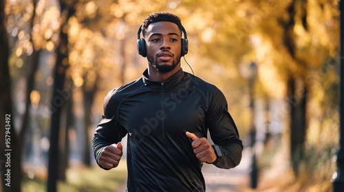 runner wearing modern, sleek headphones while jogging through a scenic park, wireless technology visible, sweat-resistant design, high-definition audio focus