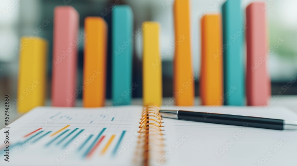 Financial Planning and Growth Concept with Rising Graphs in Notebook, Copy Space, Selective Focus, Financial Planning and Growth Concept with Rising Graphs in Notebook, Copy Space, Selective Focus,