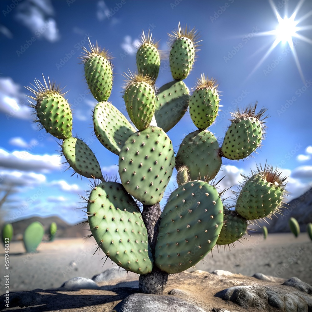 A prickly pear cactus thrives under a bright desert sun. A prickly pear cactus thrives under a bright desert sun.