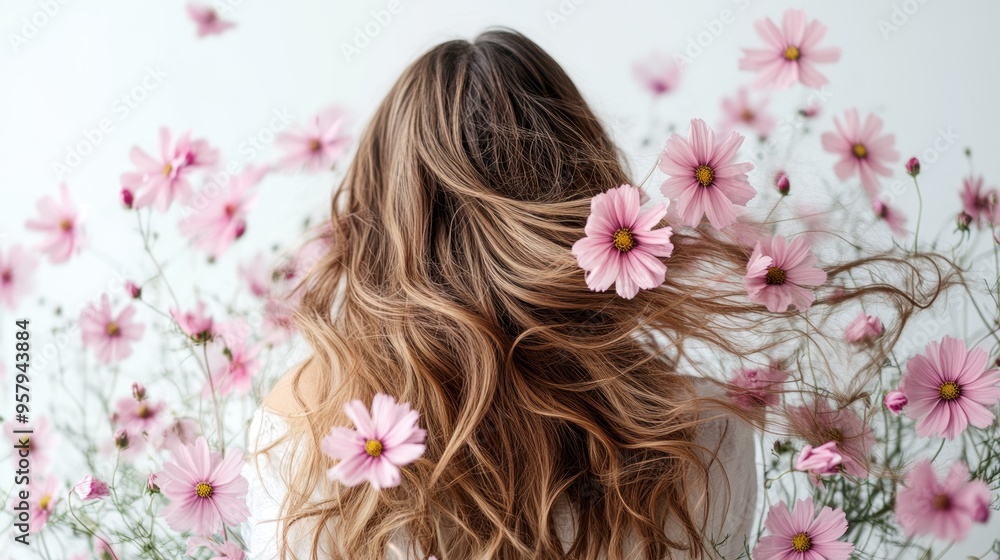 Naklejka premium Pink Cosmos flower on long hair of beauty woman in studio,spring or summer concept,creative bright image for advertising products for hair,copy space,Bridal hairstyle with real flowers.