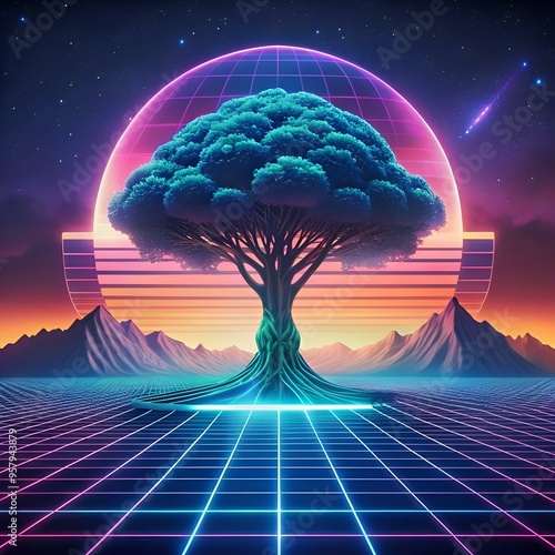 A vibrant 3D illustration of a sycamore fig tree bathed in the glow of a retro futuristic sunset.