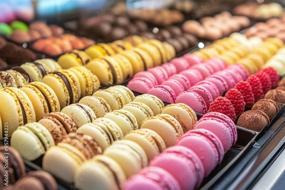 A display of various colorful macarons arranged in rows, featuring flavors such as chocolate A display of various colorful macarons arranged in rows, featuring flavors such as chocolate