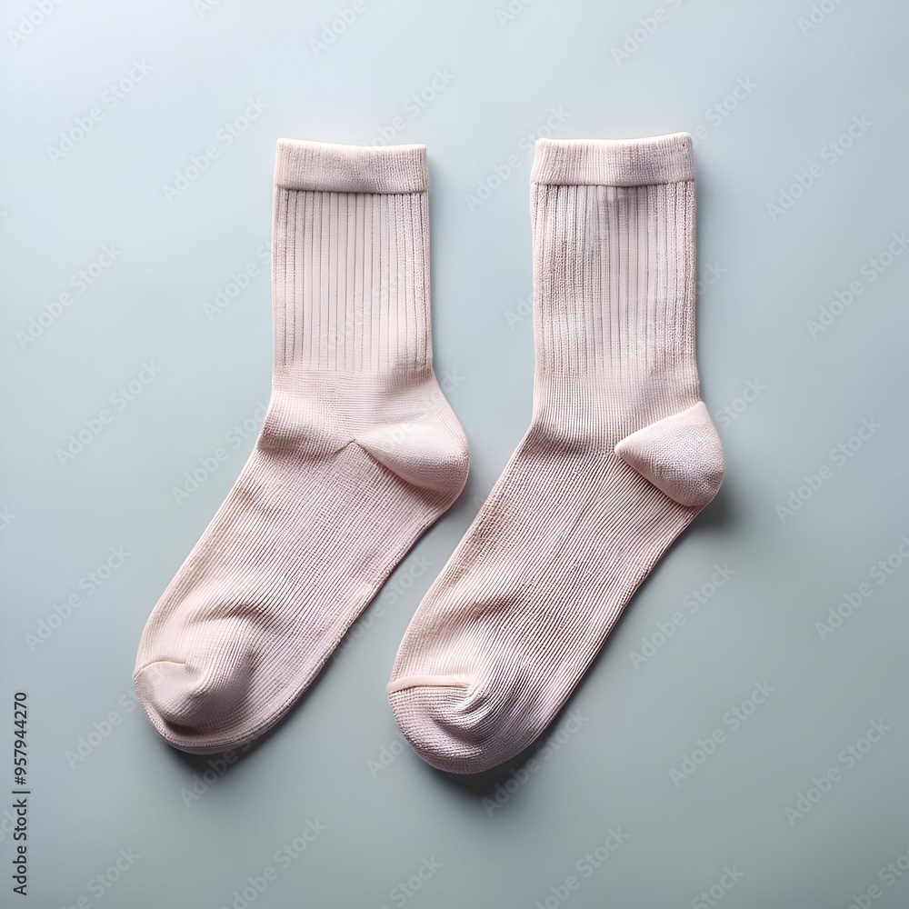 A pair of brand new. light pink socks. laid out flat on a neutral background. A pair of brand new. light pink socks. laid out flat on a neutral background.