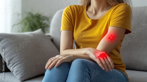 Woman sitting on a couch with a red highlighted area on her elbow and wrist, experiencing pain.