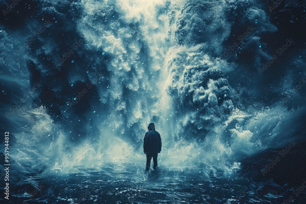 Fototapeta premium Waterfall and Human Silhouette powerful cascading down misty spray