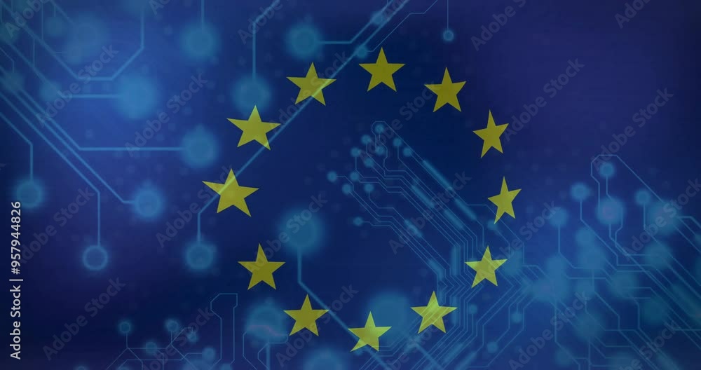 European Union flag over digital circuit board, representing technology and connectivity European Union flag over digital circuit board, representing technology and connectivity