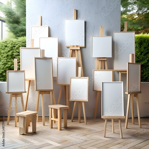 A collection of blank canvases on easels. ready for your creative vision. photo