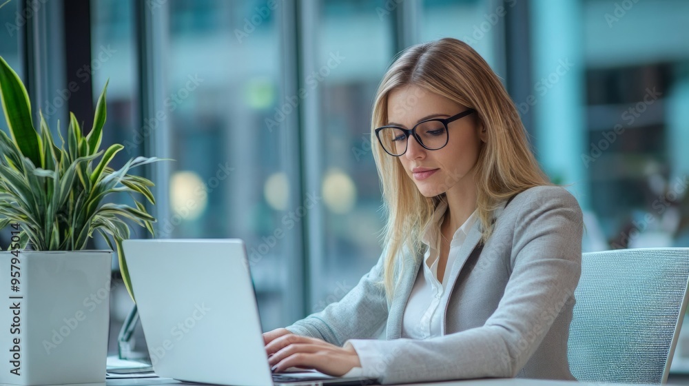 Businesswoman working on a laptop in an office. Its professional and productive atmosphere, Confident female manage in Modern office Businesswoman working on a laptop in an office. Its professional and productive atmosphere, Confident female manage in Modern office