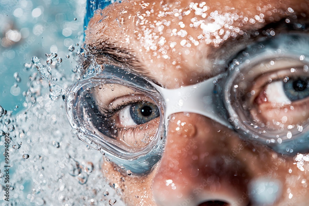intense close-up action shot of a swimmers face wearing swimming goggles intense close-up action shot of a swimmers face wearing swimming goggles