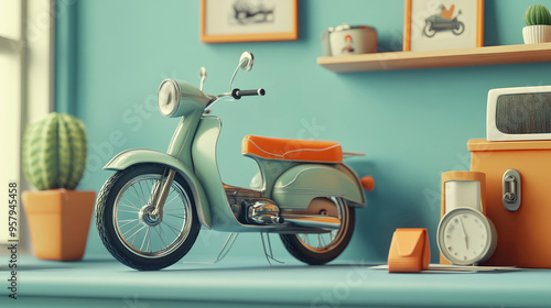 A vintage scooter displayed on a colorful shelf, surrounded by charming decor and a soothing blue wall. photo