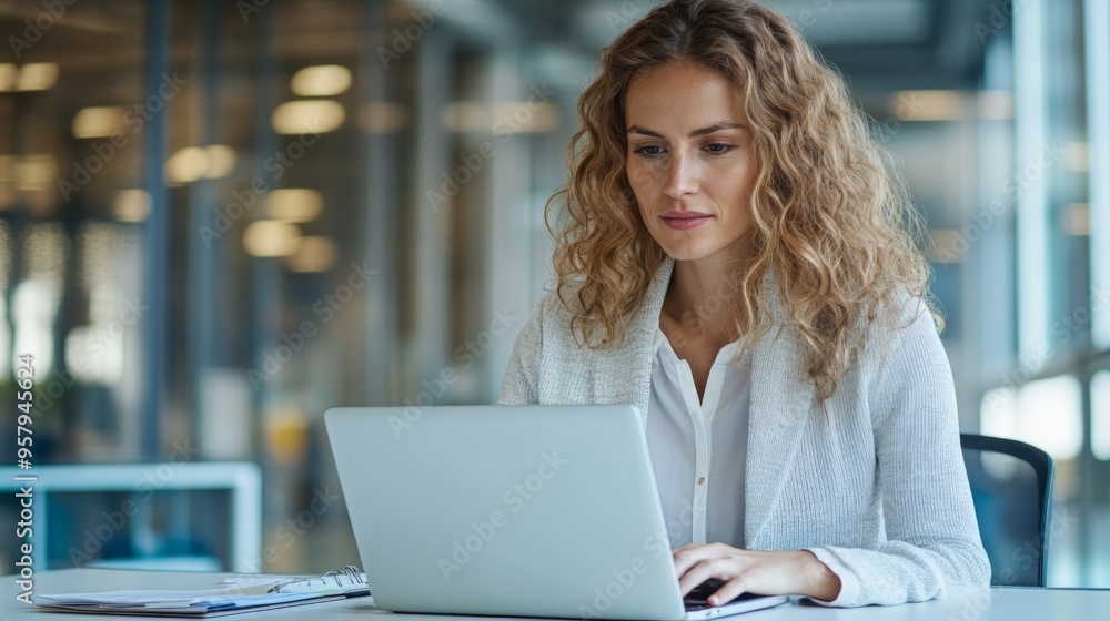 Businesswoman working on a laptop in an office. Its professional and productive atmosphere, Confident female manage in Modern office Businesswoman working on a laptop in an office. Its professional and productive atmosphere, Confident female manage in Modern office