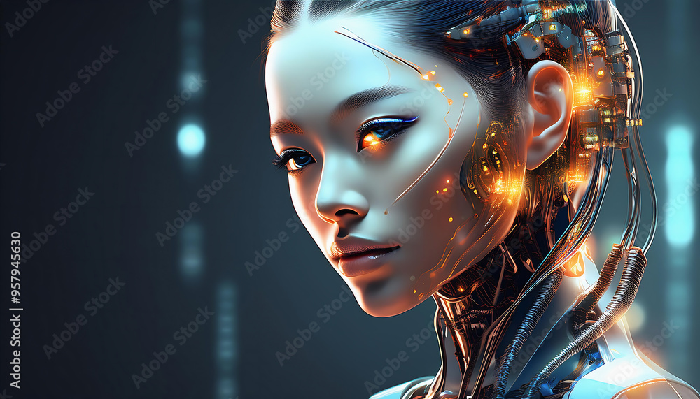 Close-up of a female robot face with futuristic AI technology. Close-up of a female robot face with futuristic AI technology.