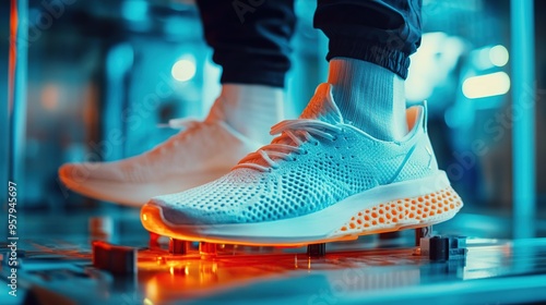 Athlete customizing 3D printed shoes for personal fit and comfort, augmented reality interface, bright indoor environment photo