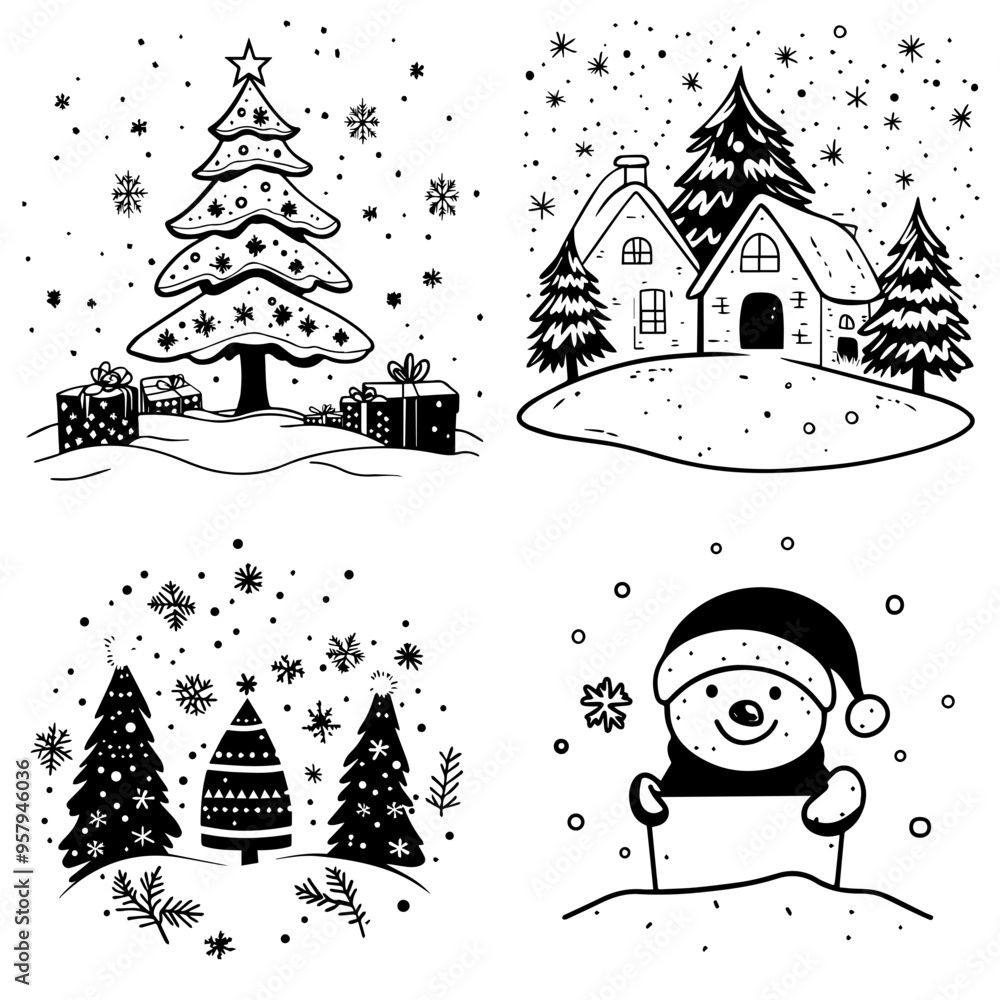 Fototapeta premium Charming Black and White Christmas Illustrations Trees, House, Snowman