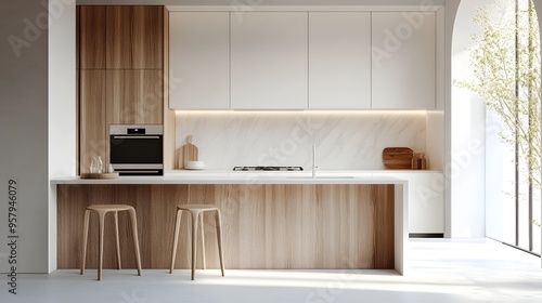 Minimalist Kitchen with Harmonious Wood and White Tones