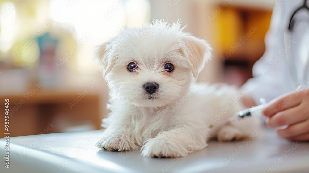 White Maltese puppy dog getting a vaccine at the veterinary doctor,Vet examining dog,Puppy lying on the examination table,veterinarian doing injection by syringe to it,sick,Health care. White Maltese puppy dog getting a vaccine at the veterinary doctor,Vet examining dog,Puppy lying on the examination table,veterinarian doing injection by syringe to it,sick,Health care.