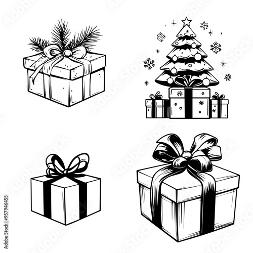 Hand-Drawn Christmas Gift Boxes and Tree Festive Holiday Illustrations