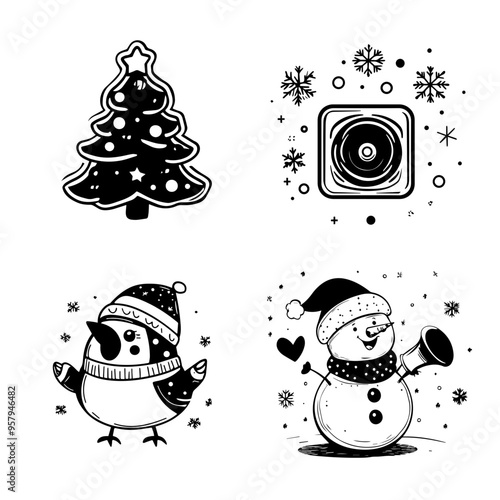 Hand-drawn Christmas Illustrations Tree, Snowman, Penguin, and Music