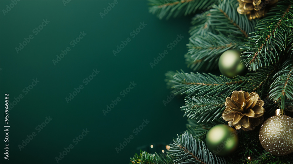 Christmas pine tree branches and cone background for a festive atmosphere.