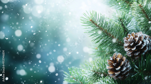 Wallpaper Mural Christmas frosted pine tree branches with snow background, snowy bokeh background for a festive atmosphere. Torontodigital.ca