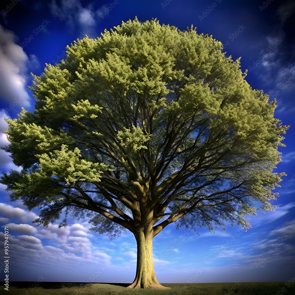 Fototapeta premium A majestic 3D rendering of a solitary American Holly tree. standing tall against a backdrop of vibrant blue skies and fluffy white clouds.