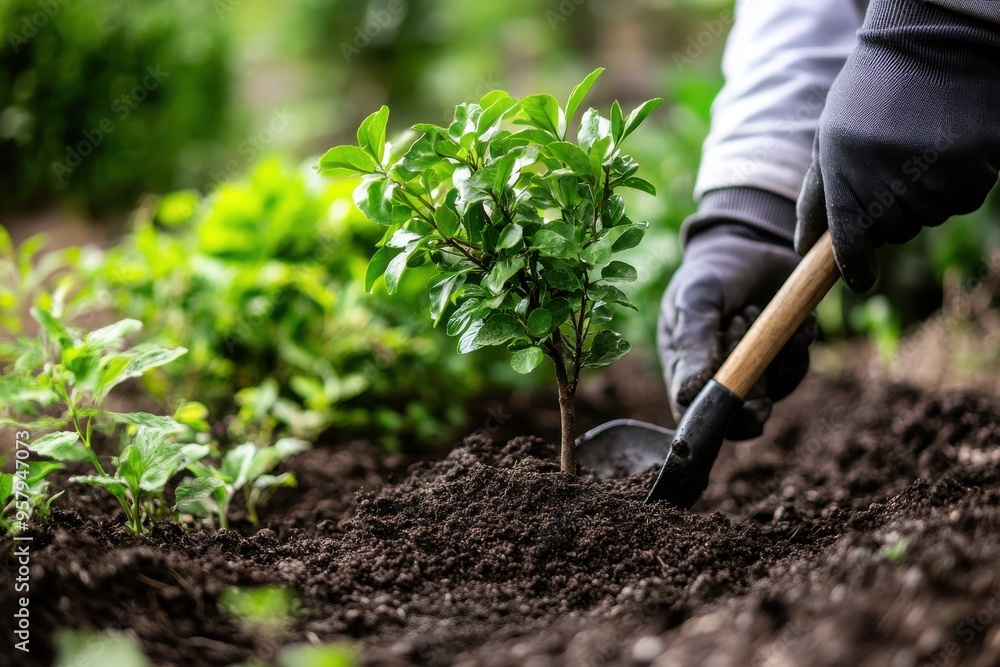 A gardener using a shovel to plant a small tree in a garden. The focus is on the soil being carefully A gardener using a shovel to plant a small tree in a garden. The focus is on the soil being carefully