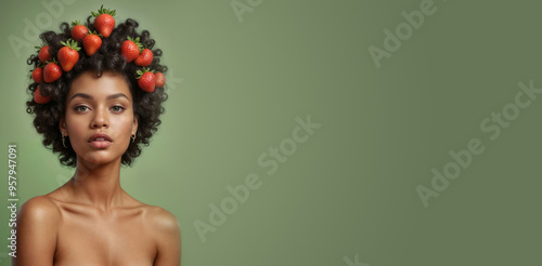 Fototapeta Naklejka Na Ścianę i Meble -  banner with black fashion woman with afro and perfect glossy skin at green background with juisy strawberries with empty space for text and desigh