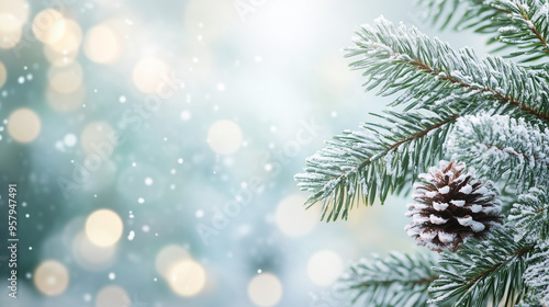 Christmas frosted pine tree branches with snow background, snowy bokeh background for a festive atmosphere.