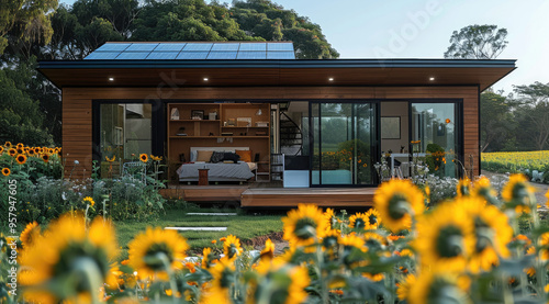 Modern tiny prefab with flat roof solar panels, sunflower field in the background. Generative AI. photo