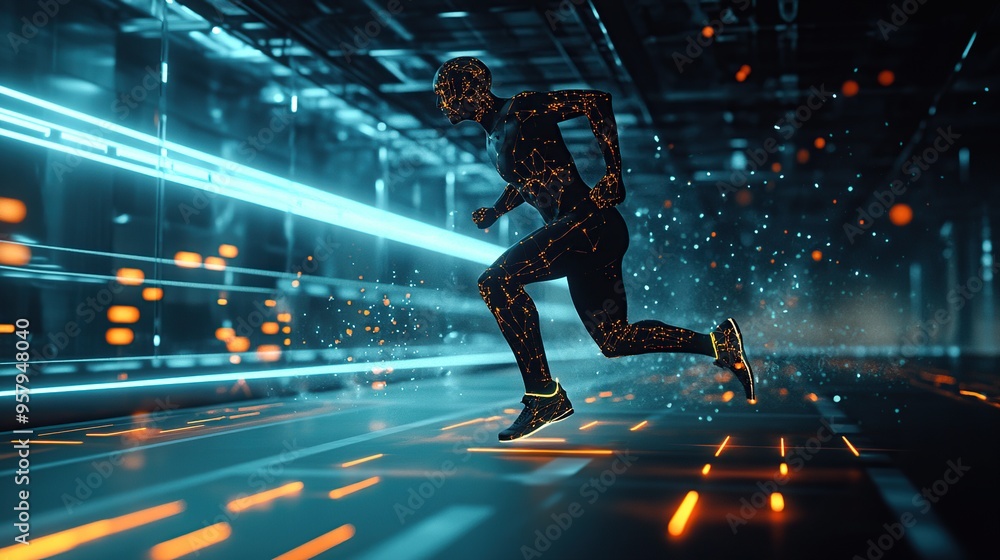 Motion capture suit on a runner in action, sensors detecting body ...