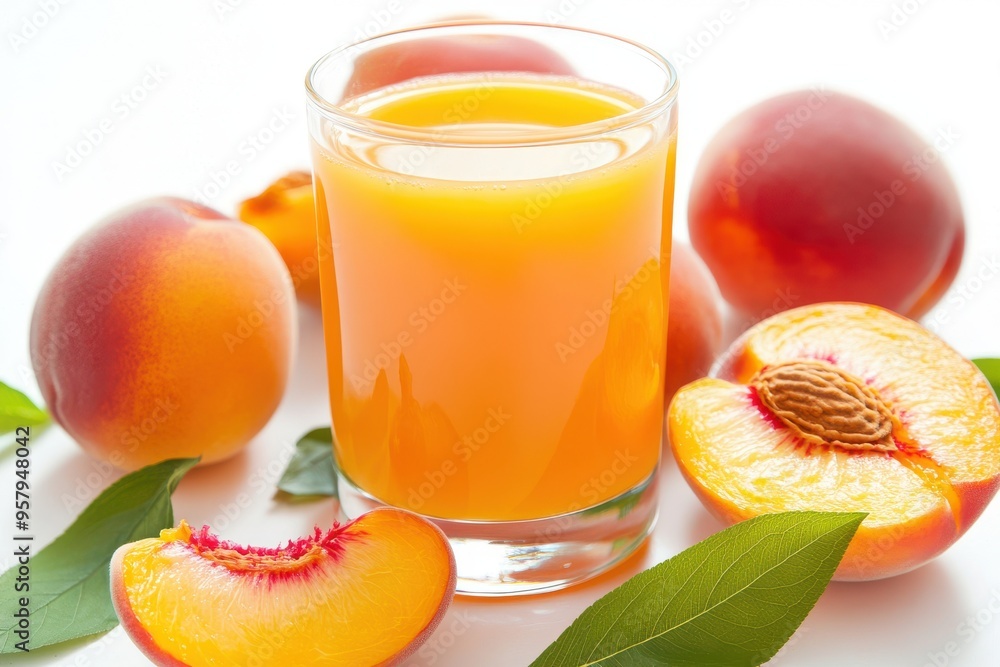 A glass of fresh peach juice is surrounded by various peach slices and chunks, with green A glass of fresh peach juice is surrounded by various peach slices and chunks, with green