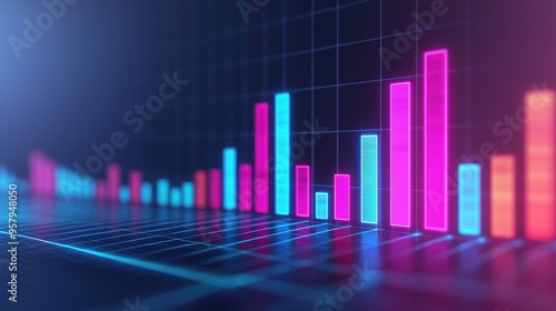 Illuminating Economic Growth - Futuristic Cityscape with Neon Holographic Graphs and Advanced Financial Analysis