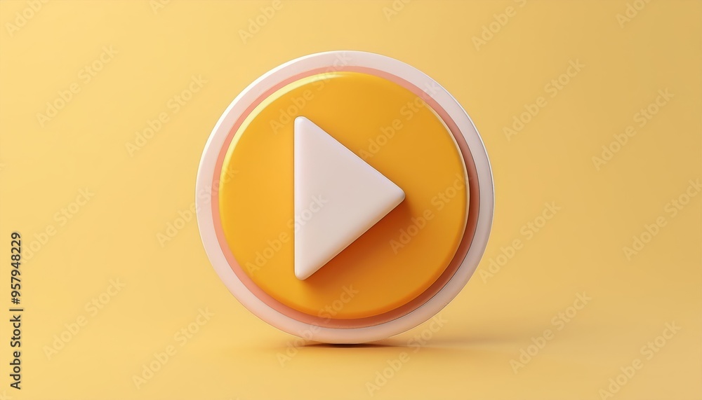 3D yellow play button on a yellow background, symbolizing media, video, and digital content in a modern, minimalist design. 3D yellow play button on a yellow background, symbolizing media, video, and digital content in a modern, minimalist design.