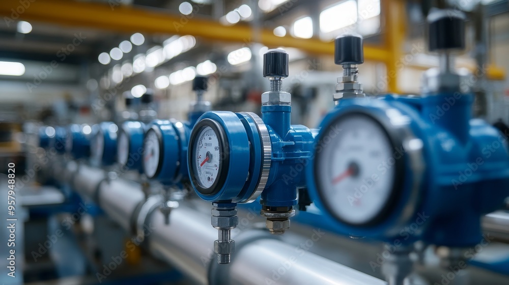 Modern factory water meters, interconnected and reading identical values, with pipes and machinery in the background, efficiency concept Modern factory water meters, interconnected and reading identical values, with pipes and machinery in the background, efficiency concept